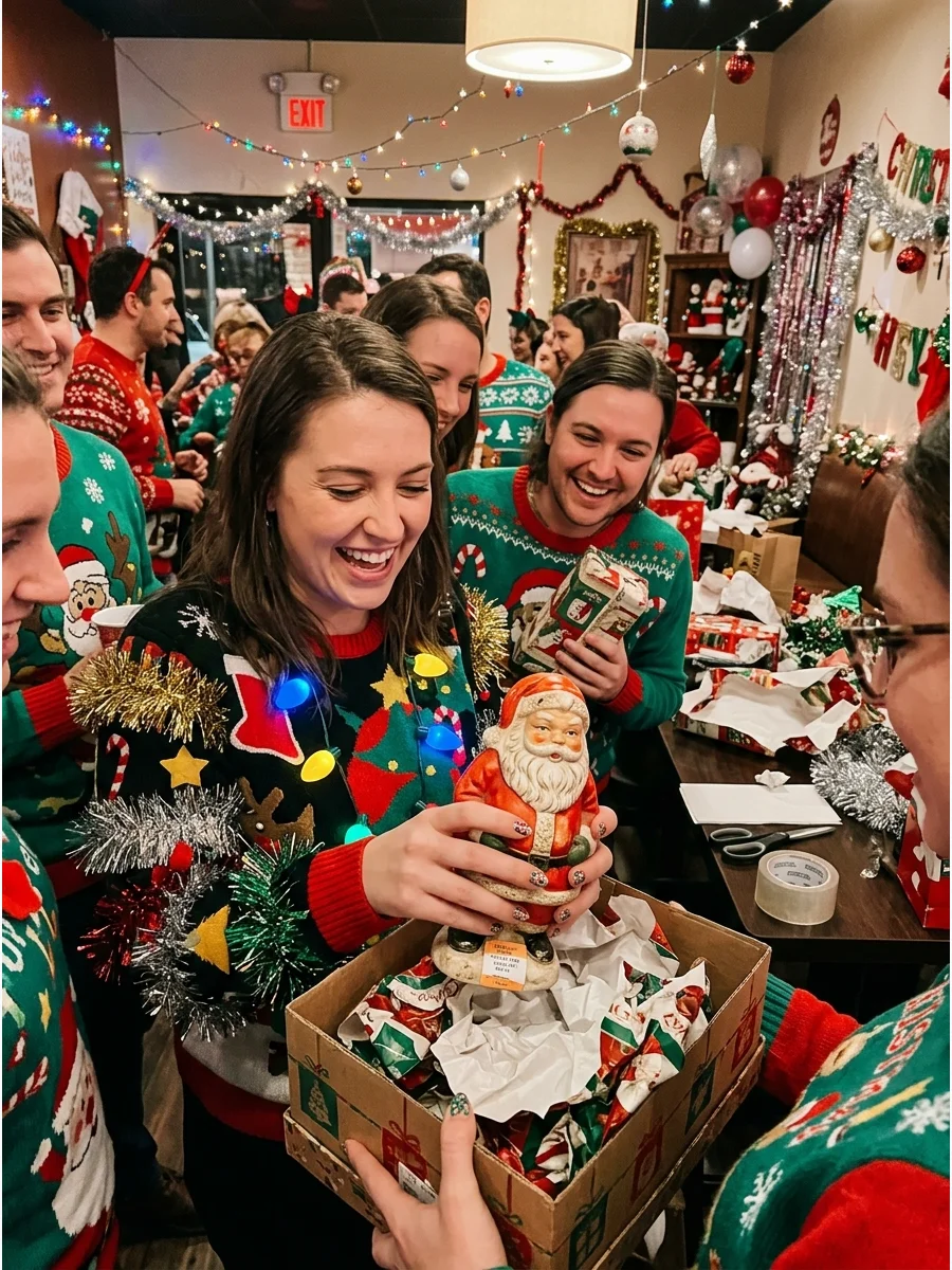 A guest opening a thrifted holiday gift at a party.