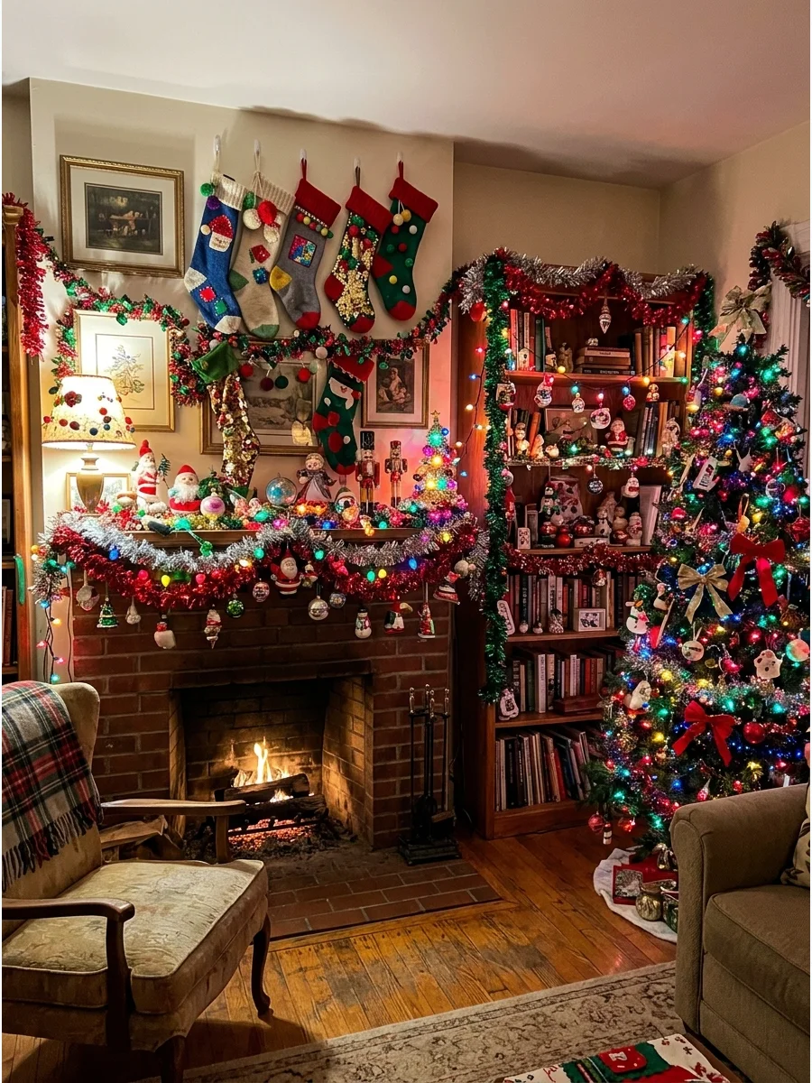 A living room decorated with excessive tinsel and mismatched holiday decor.