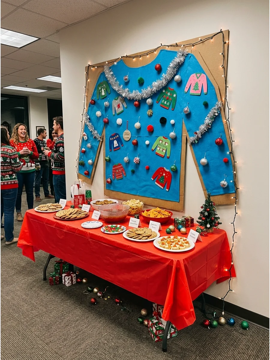 A giant cardboard sweater decoration on a wall with festive lights.