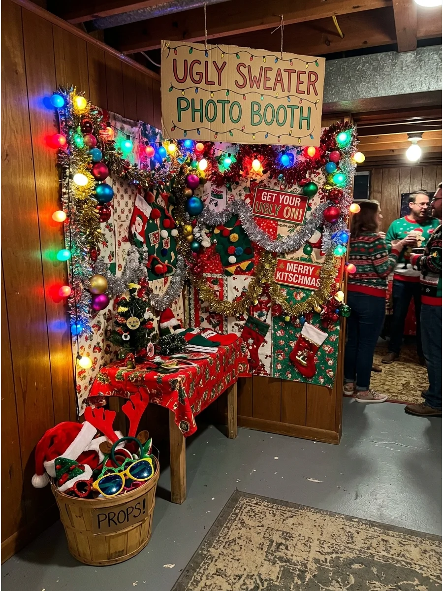 A photo booth area with holiday props and a festive backdrop.