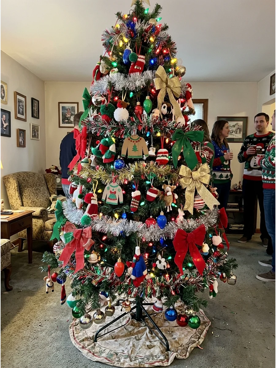 A heavily decorated Christmas tree with clashing ornaments and tinsel.
