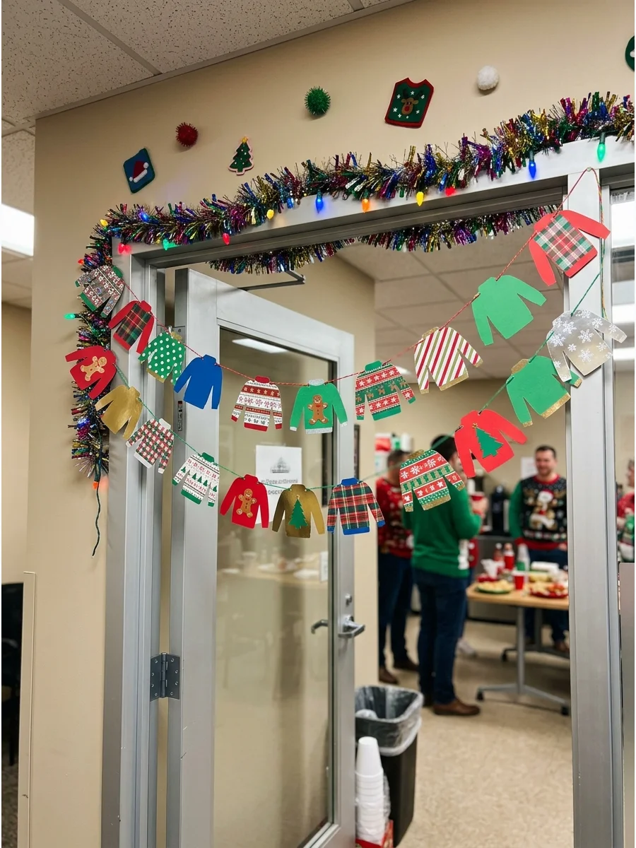 A handmade garland featuring small colorful paper sweater cutouts.