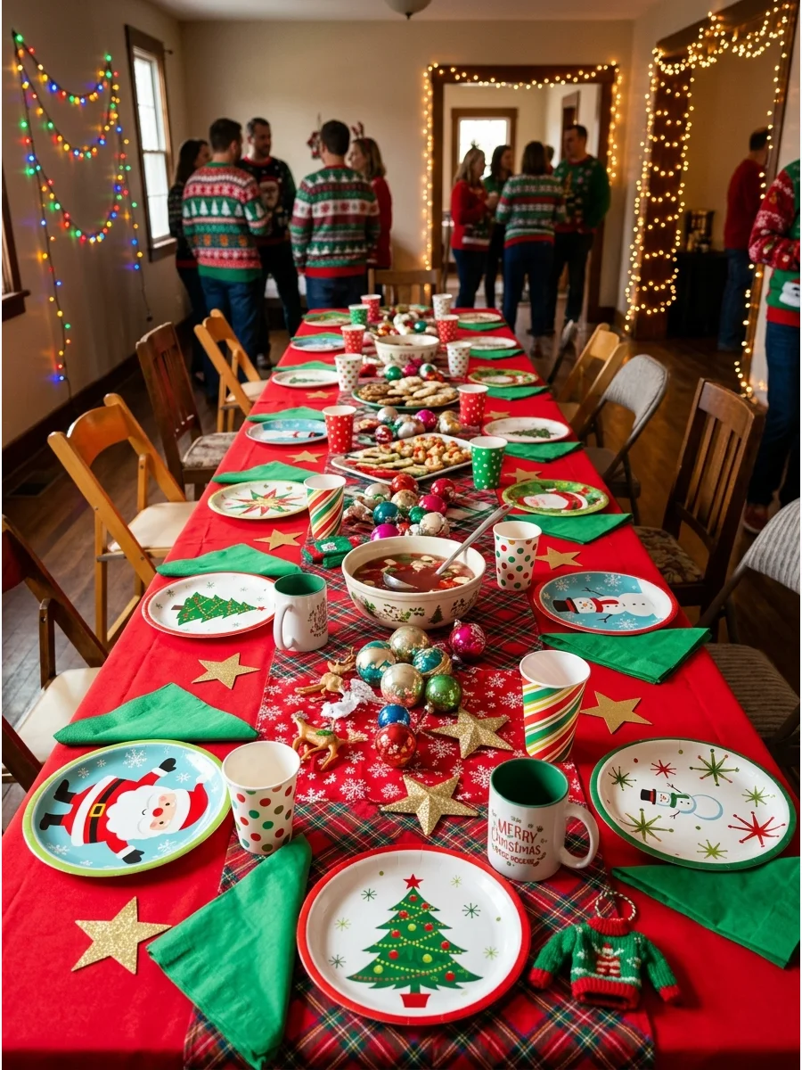 A festive table setting with mismatched holiday plates and colorful napkins.