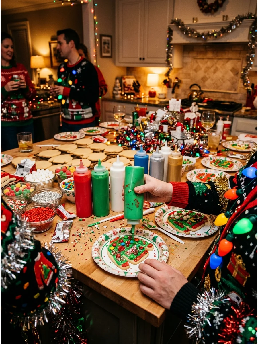 A cookie decorating station with sweater-shaped cookies and colorful toppings.