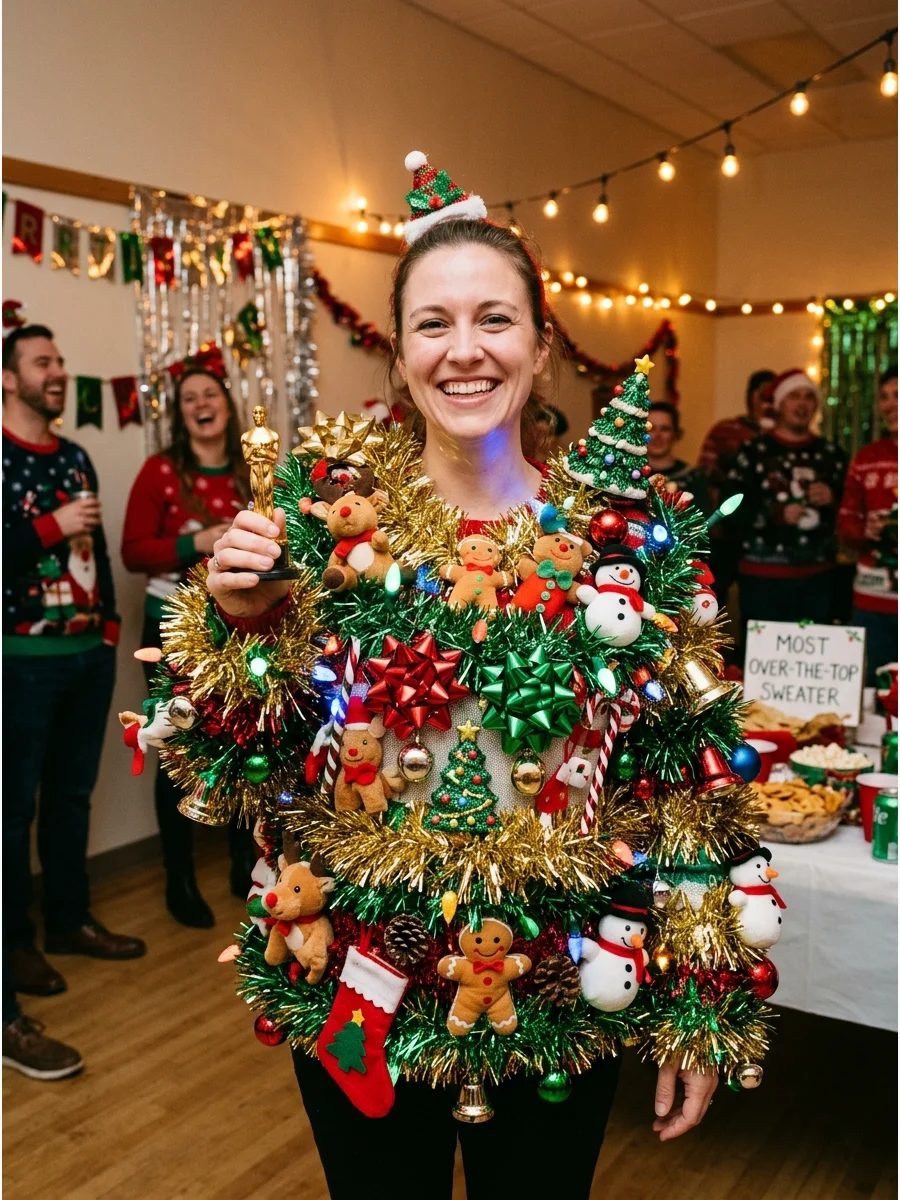 A sweater heavily decorated with gold tinsel and plush toys.