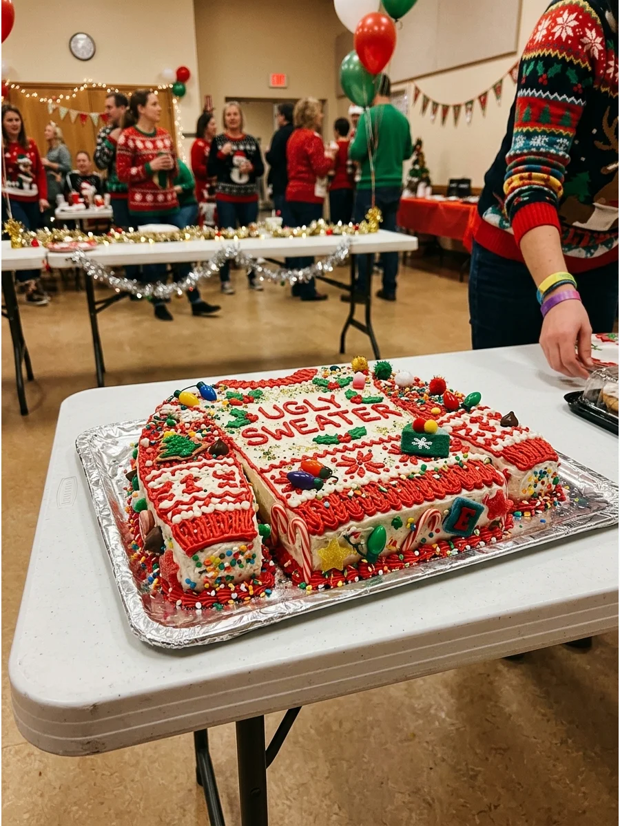 A sheet cake decorated with frosting to resemble an ugly Christmas sweater.