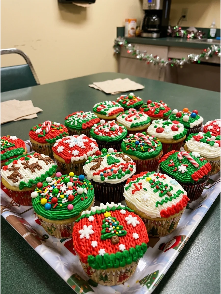 A platter of cupcakes with festive red and green frosting piped into sweater designs.