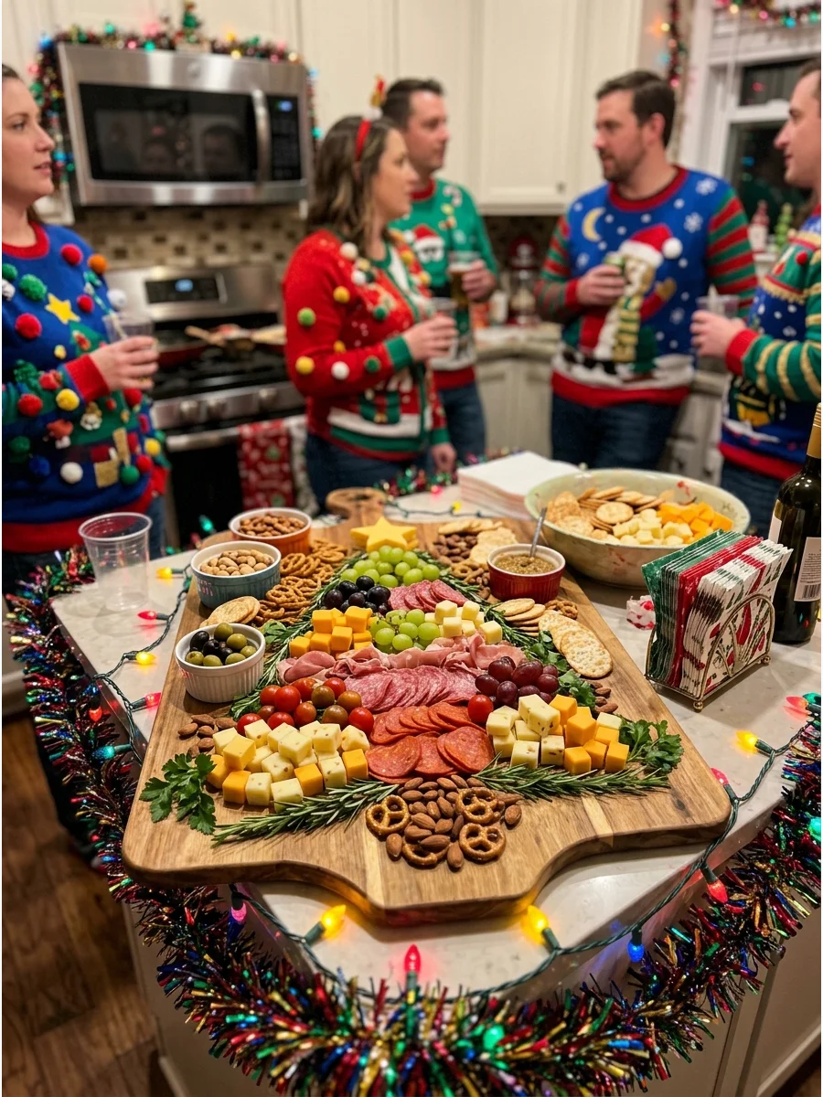 A charcuterie board shaped like a Christmas tree with layers of cheese, meat, and rosemary.