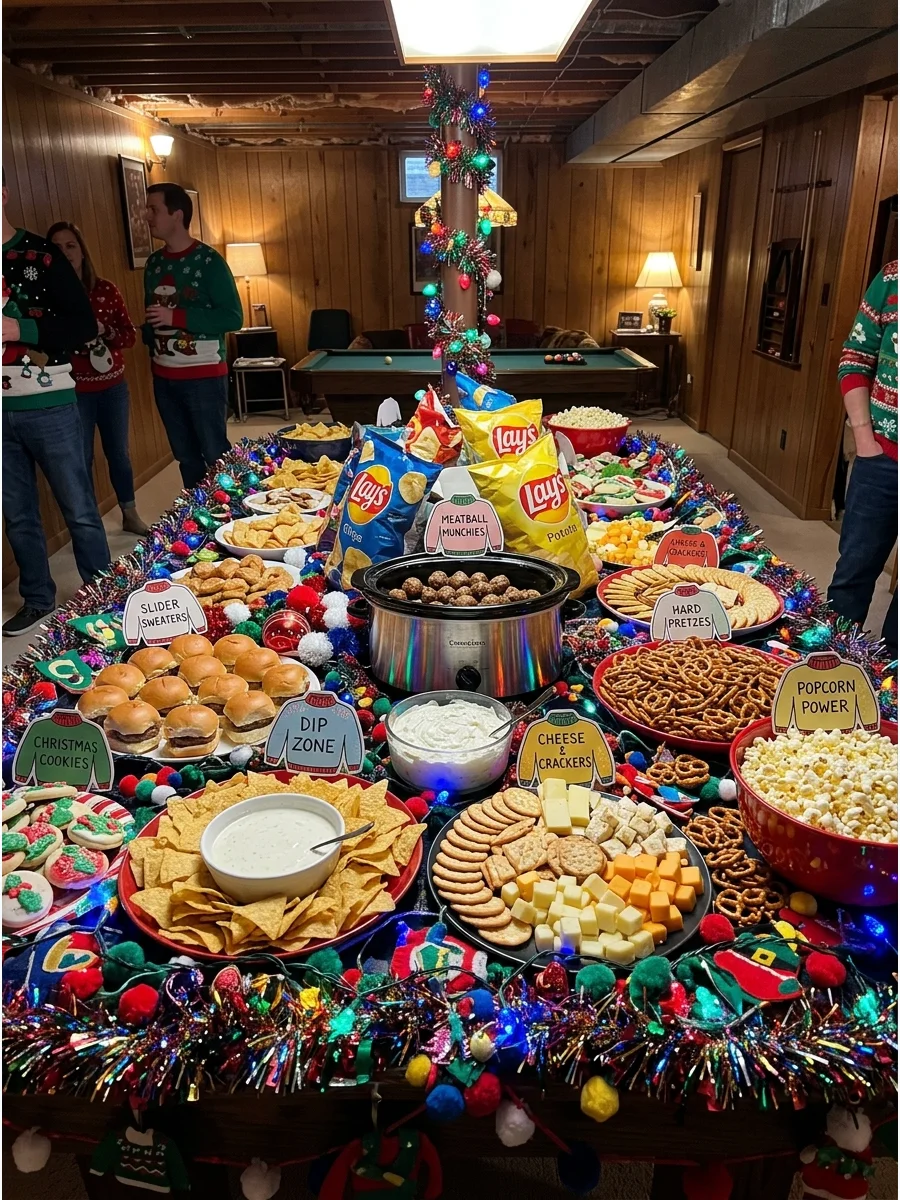 A snack table with tinsel decor and a variety of finger foods in mismatched bowls.