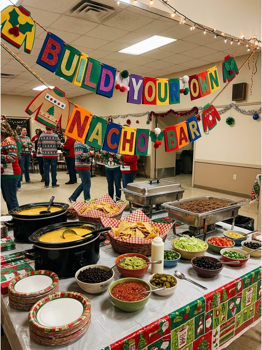 A DIY nacho bar with various toppings in festive bowls on a long table.