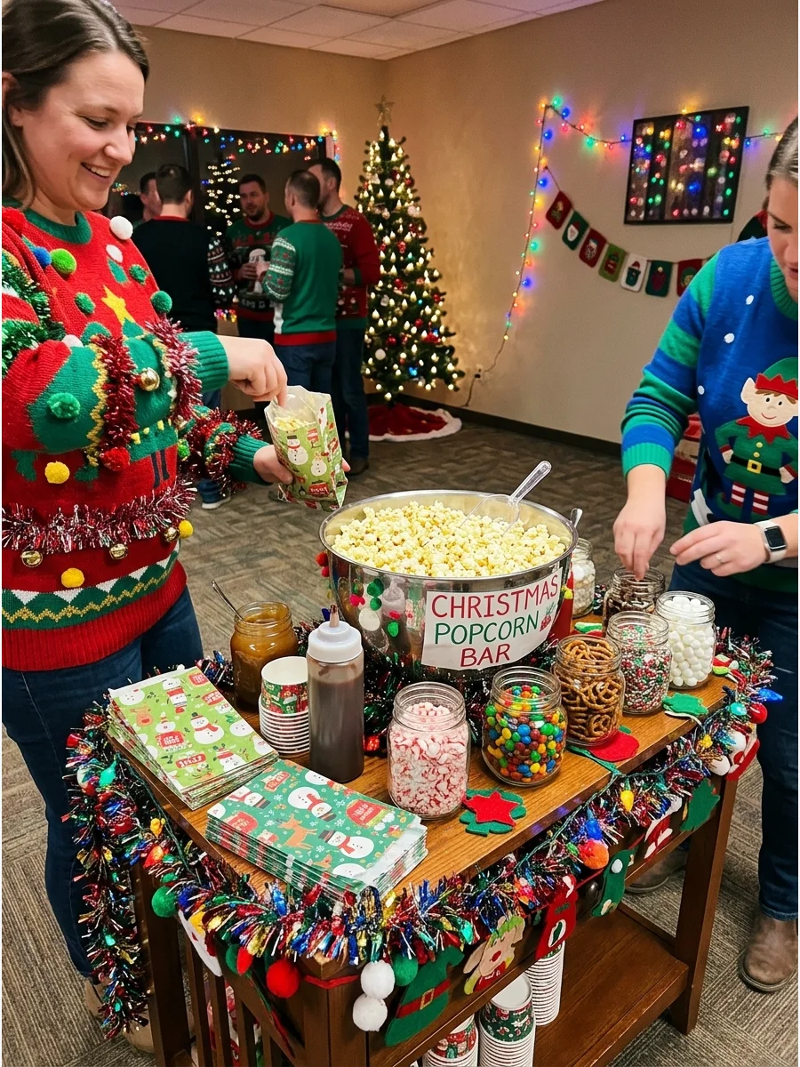 A popcorn bar with jars of festive candies and striped paper bags for guests.