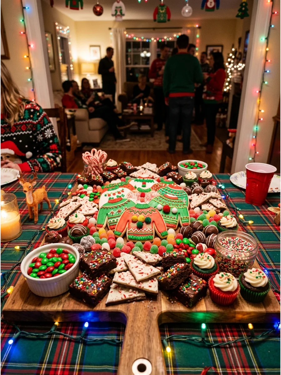 A large wooden board covered in sweater-shaped cookies and various holiday candies.