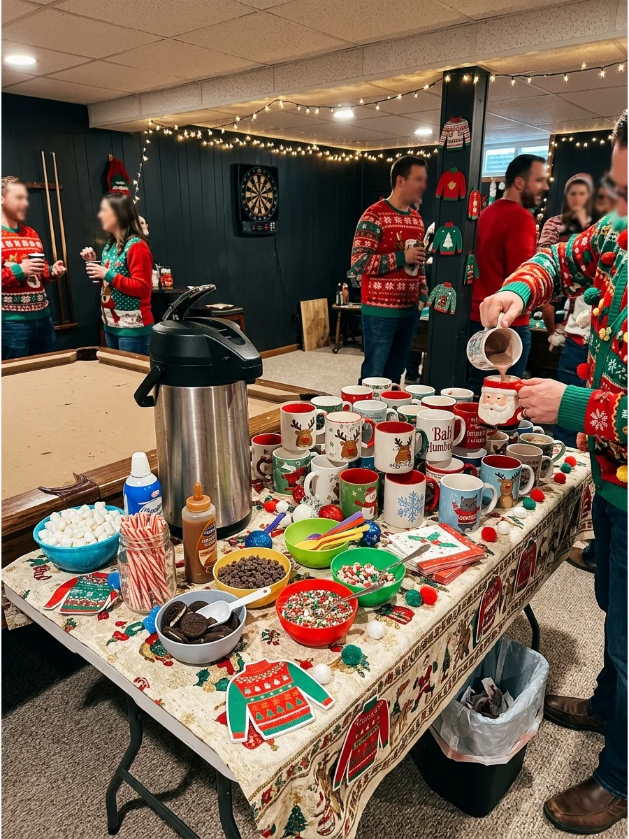 A hot chocolate station with various toppings and a collection of mismatched holiday mugs.