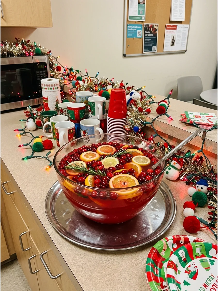 A large glass punch bowl filled with red festive punch and floating fruit slices.