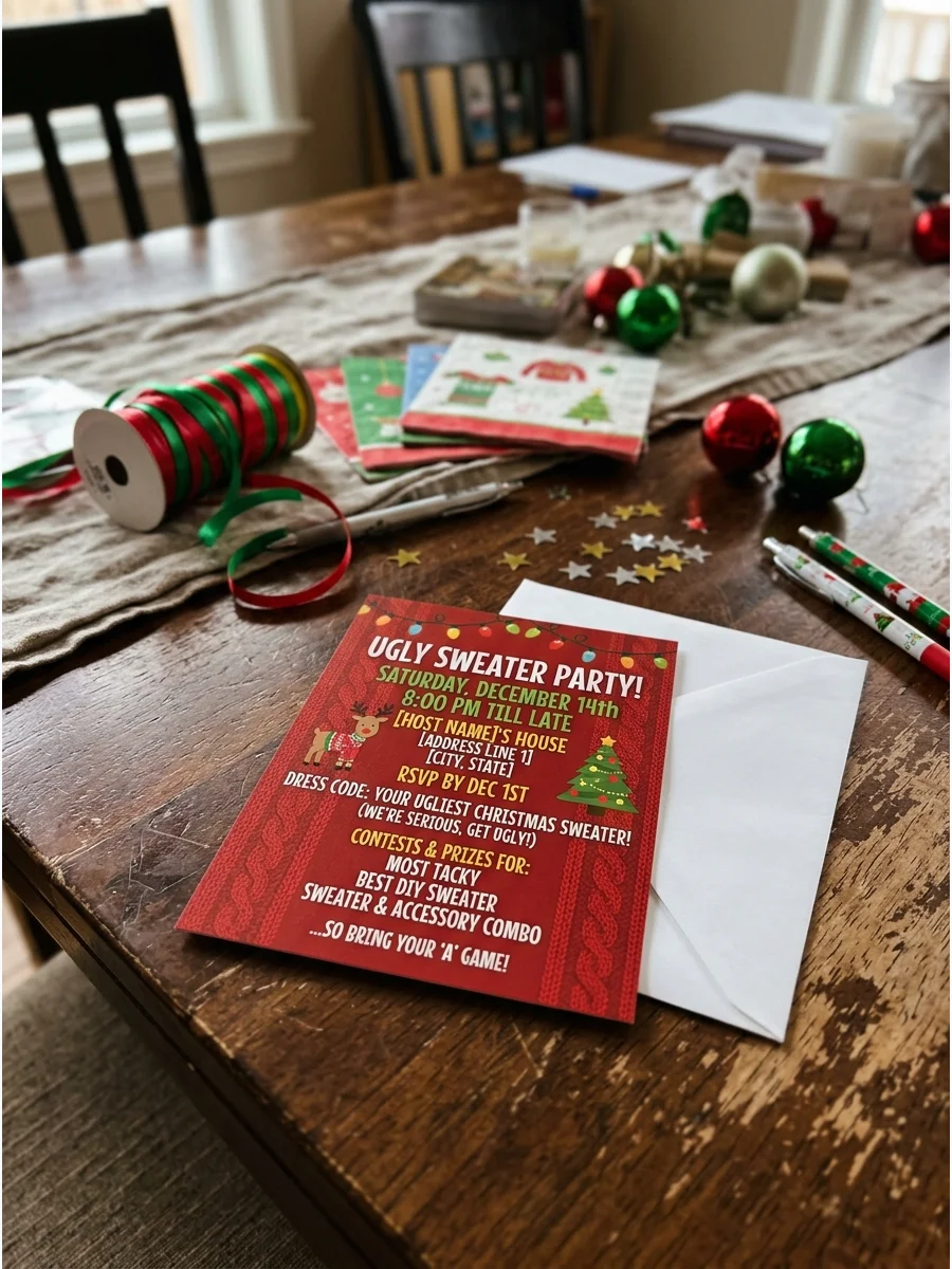 A flat-lay view of a printed party invitation featuring a tacky sweater design.
