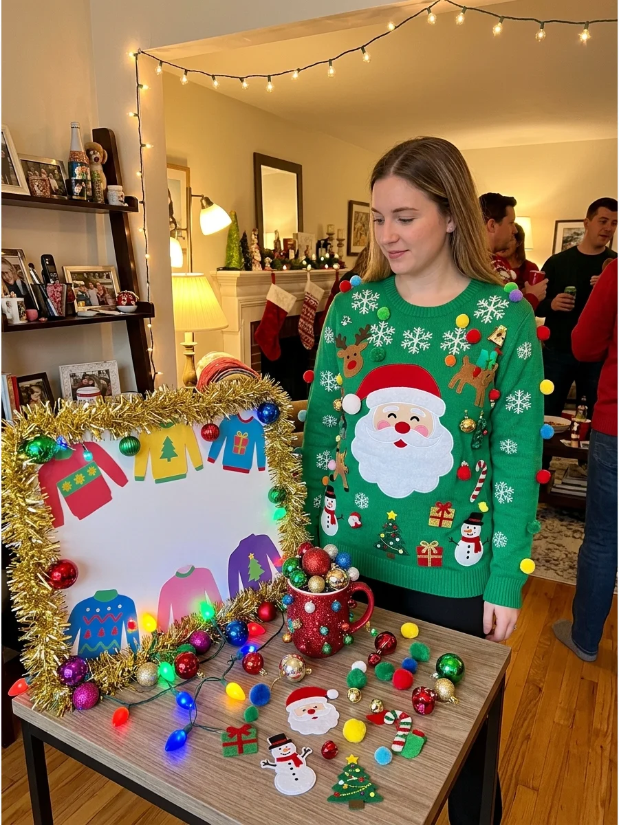 A bright green sweater with festive Santa and snowflake patterns.