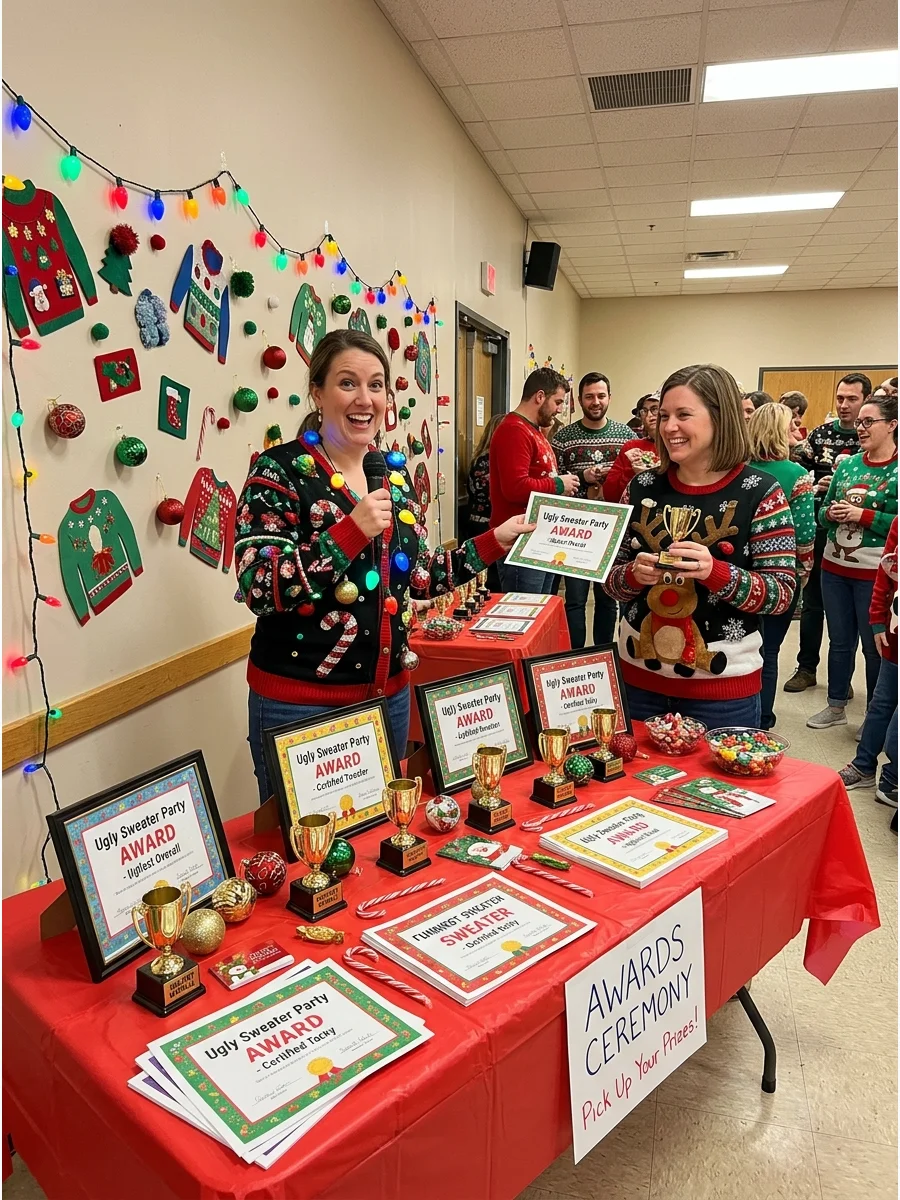 A table holding small gold trophies and printed award certificates for a party contest.