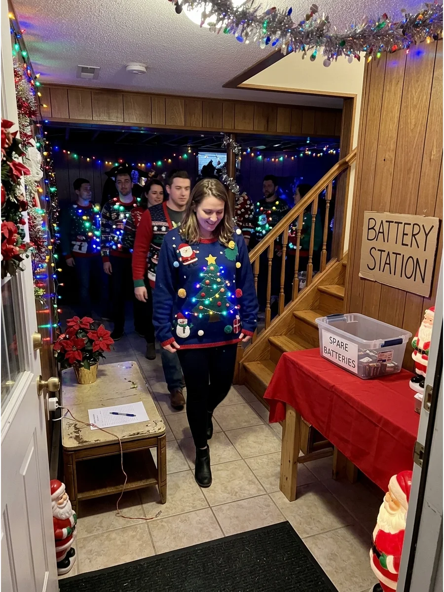 A light-up Christmas sweater with colorful LED lights.