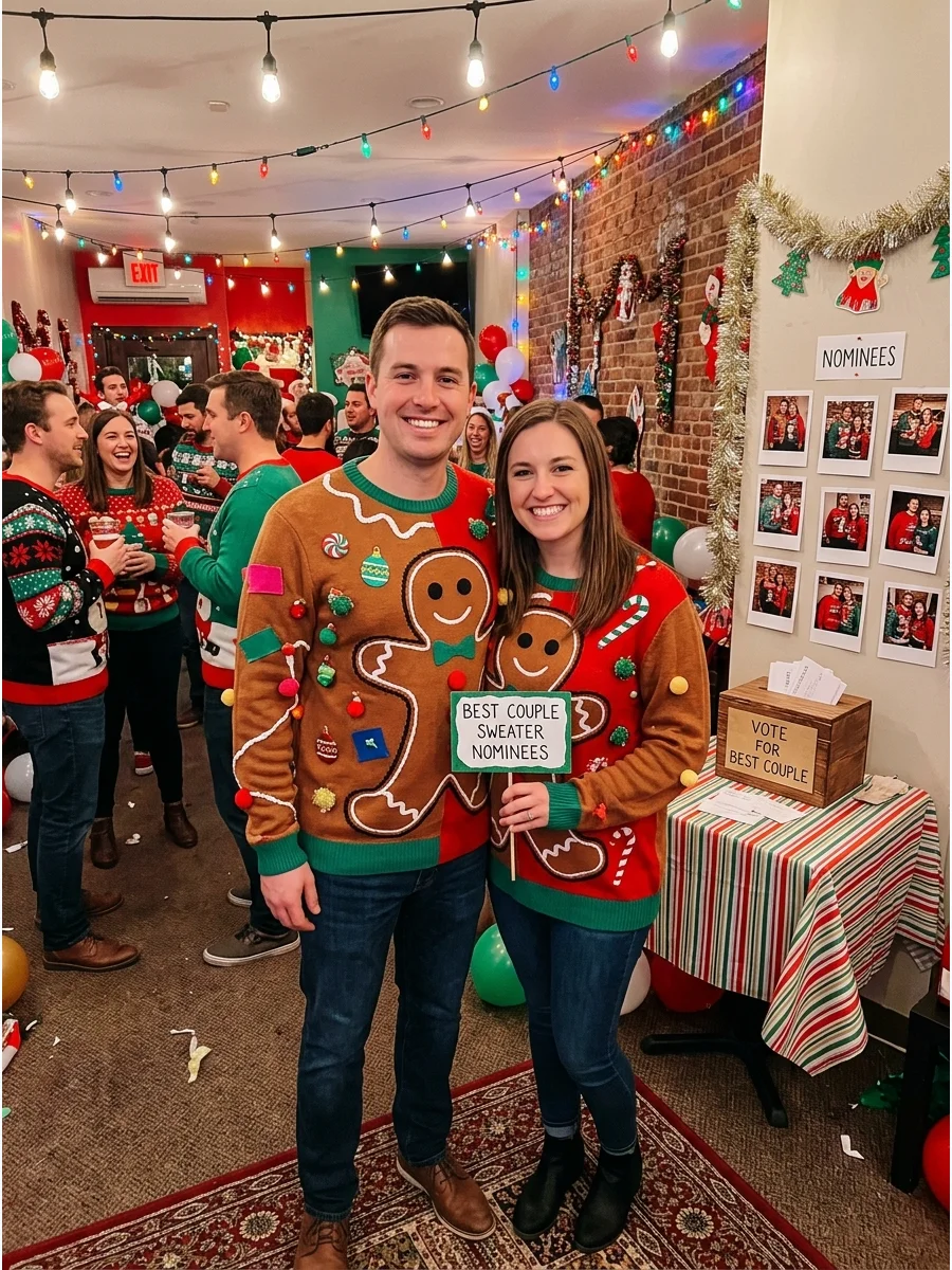 A couple wearing matching gingerbread man sweaters.