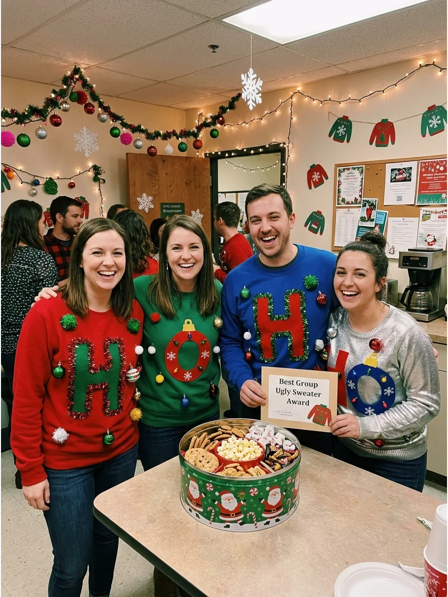 A group of people wearing coordinated holiday sweaters.