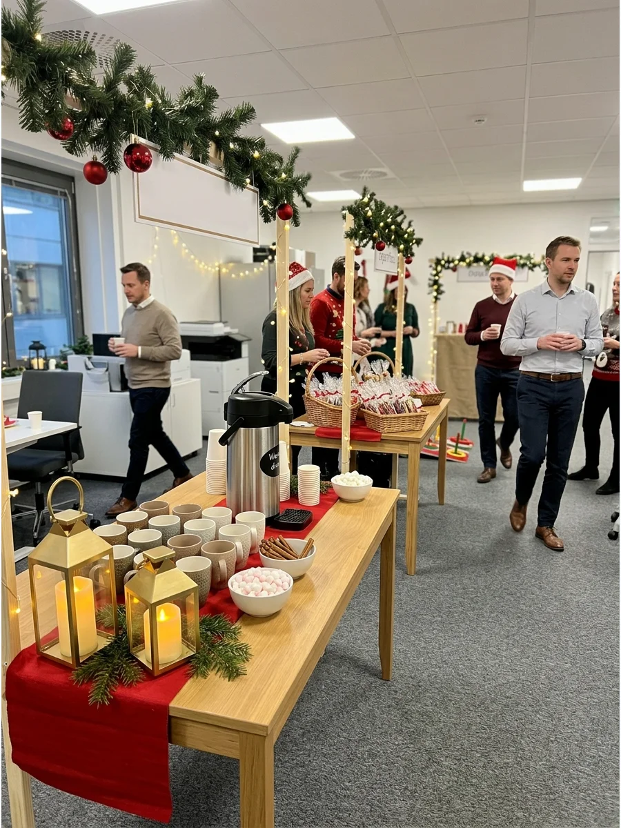 A workplace breakroom decorated as a holiday market with food stalls and gold lanterns.