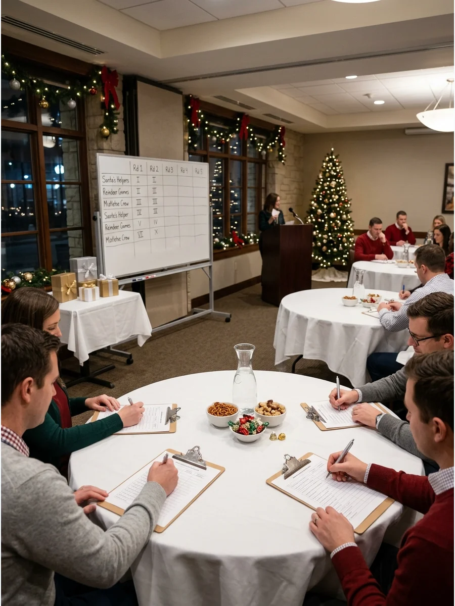 A restaurant dining room set up for a team trivia tournament.