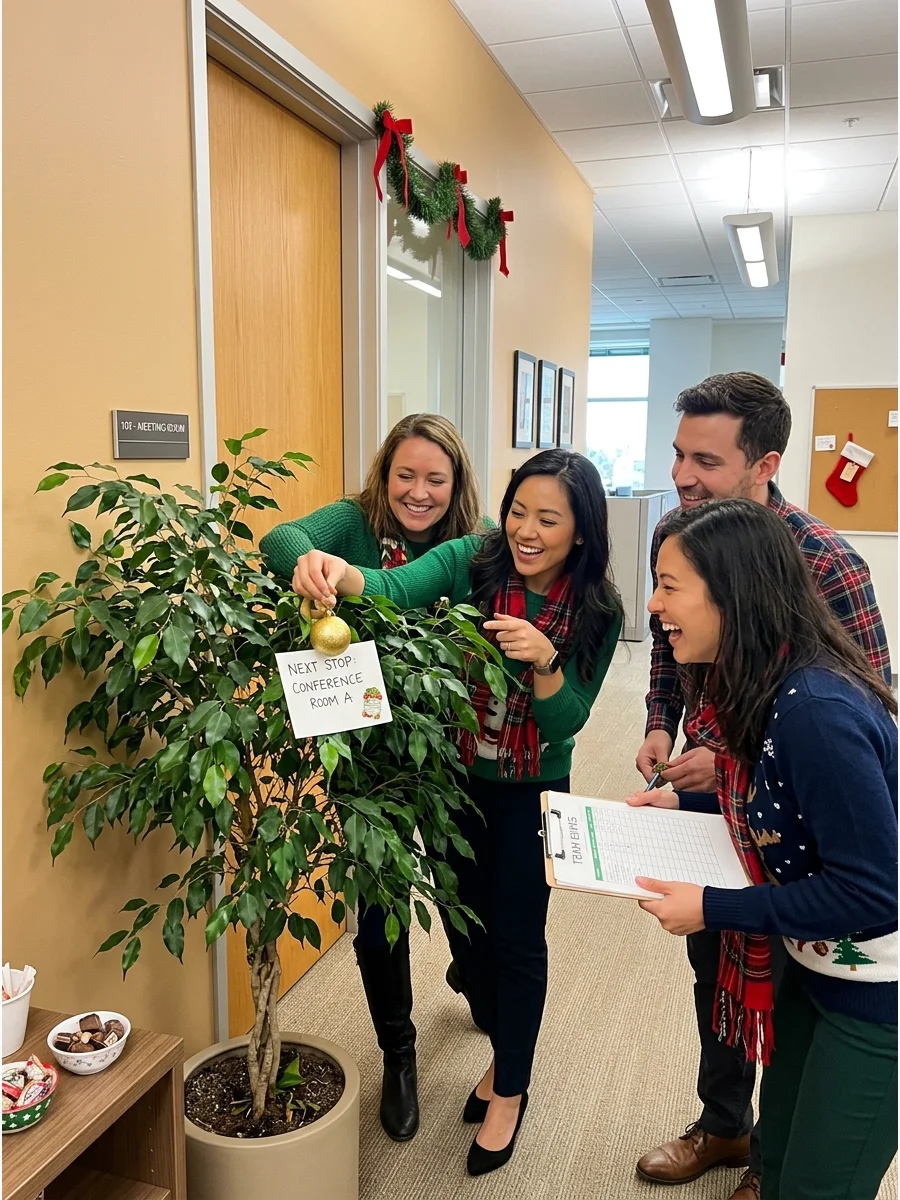 Employees searching for hidden holiday items in a professional office setting.
