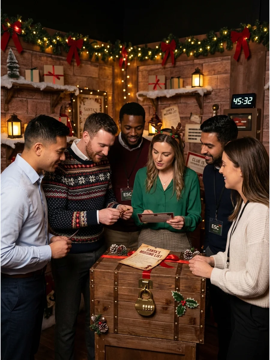 Coworkers collaborating to solve a puzzle in a themed escape room.