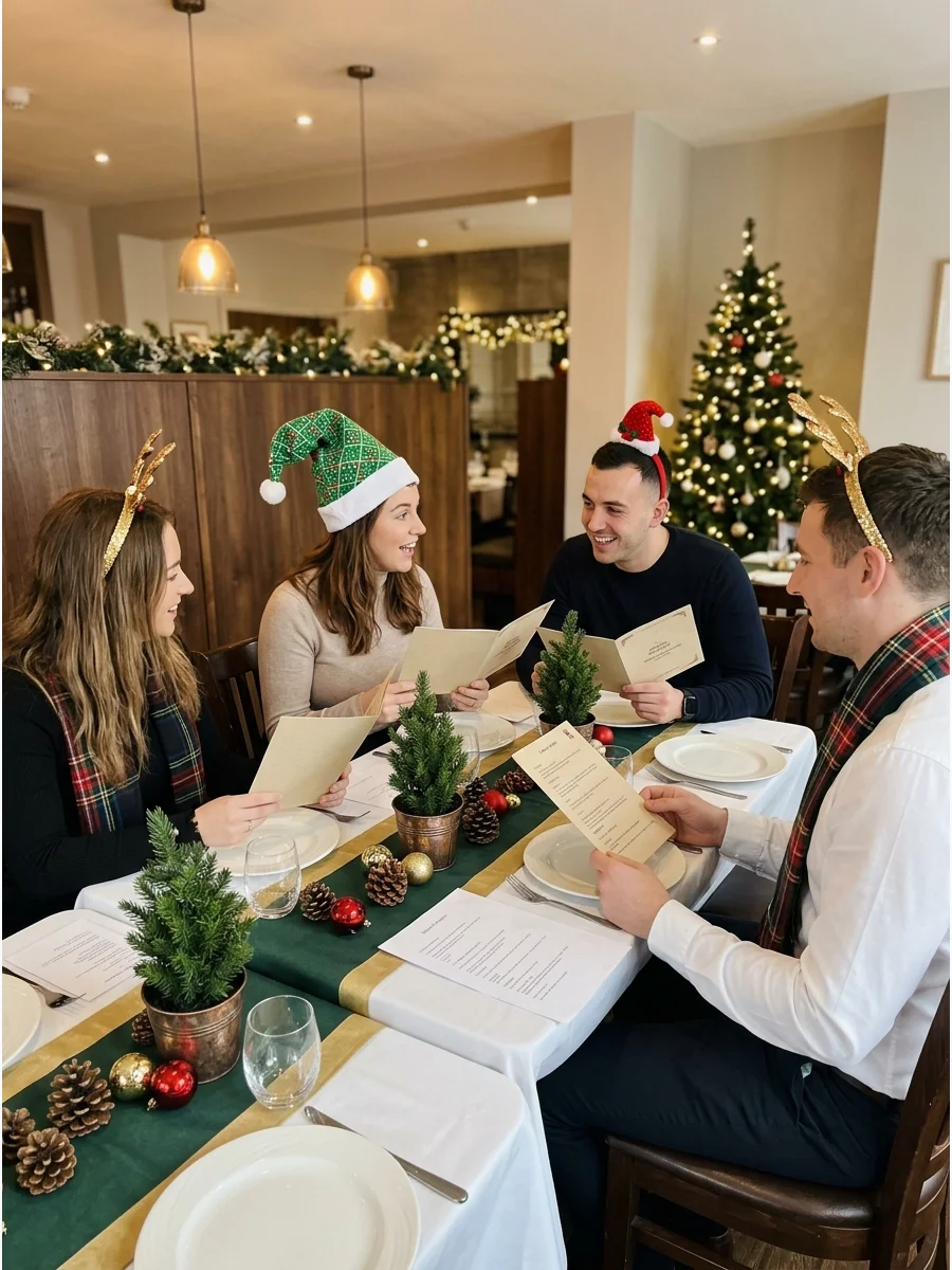 A group of people in a restaurant setting participating in a murder mystery game.