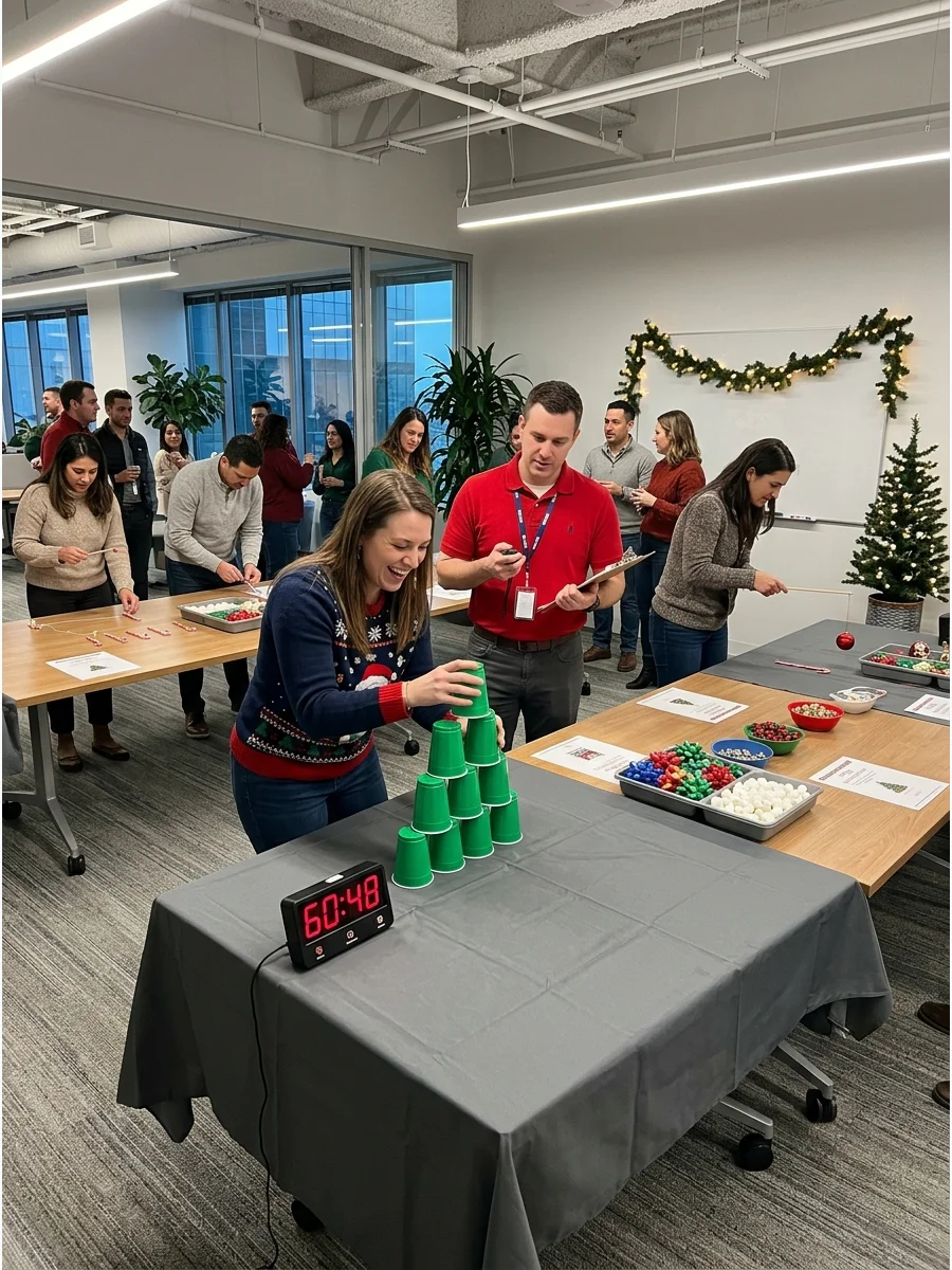 An office worker playing a fast-paced holiday game with green cups.