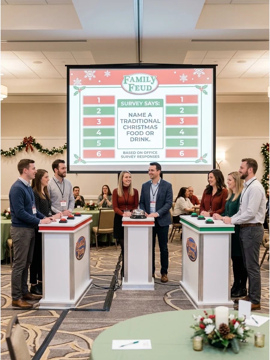 A game show setup in a hotel ballroom with employees competing at podiums.