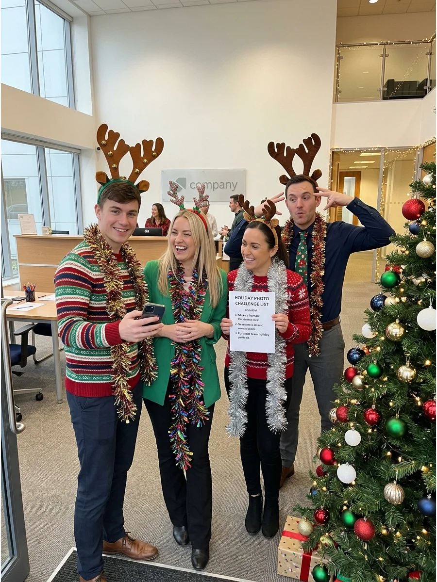 Coworkers wearing holiday accessories posing for a group photo in an office.