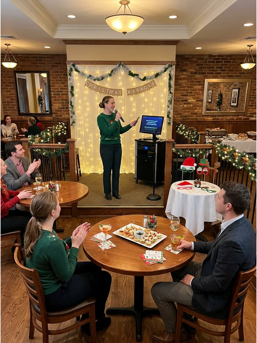 A person performing karaoke on a small stage in a festive restaurant.