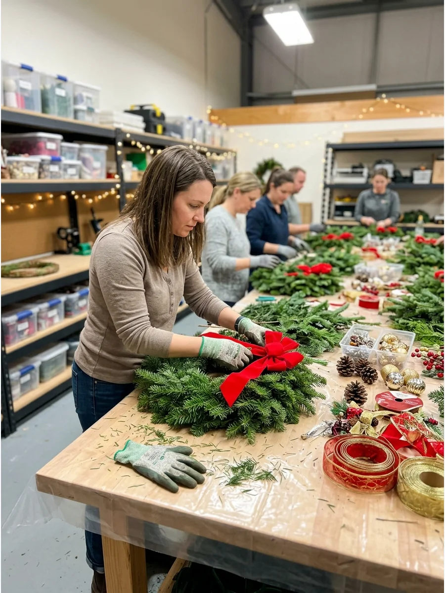 A of a person assembling a fresh evergreen wreath with a red bow.