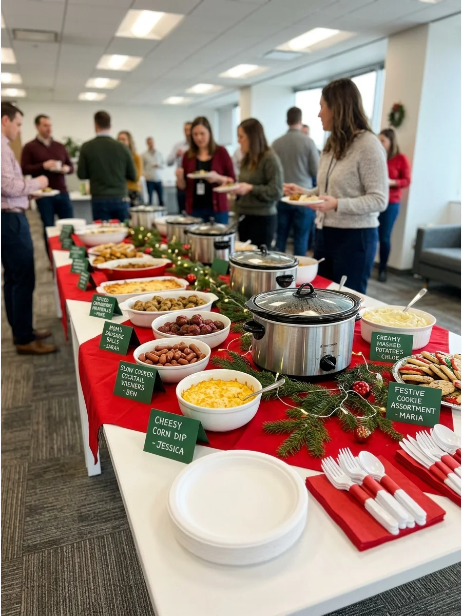 A conference table set up as a holiday buffet with labeled dishes.