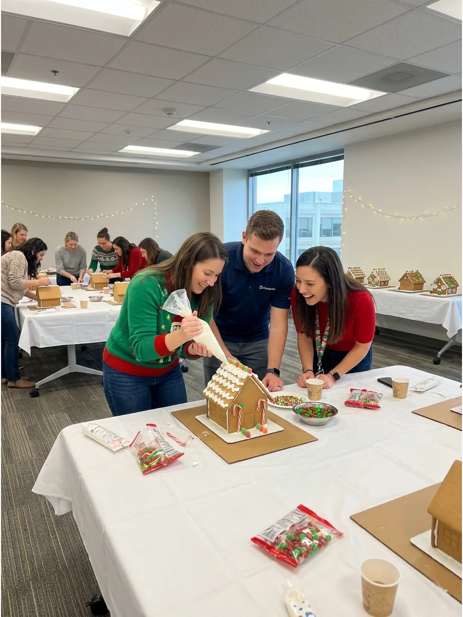 Coworkers decorating a gingerbread house together at a conference table.