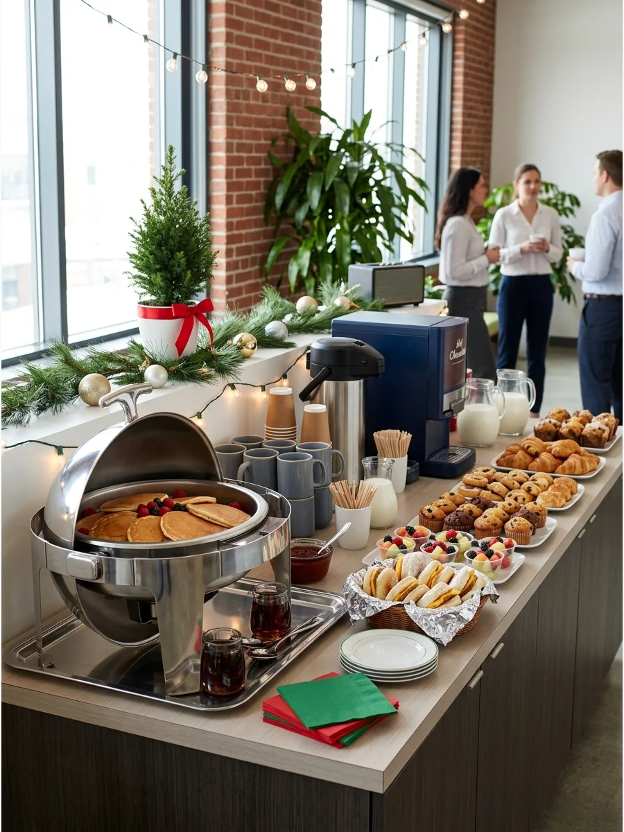 A holiday breakfast setup in an office with pancakes and a coffee station.