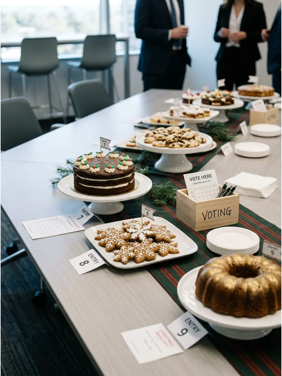 A row of numbered holiday cakes and cookies on a white table for an office bake-off.