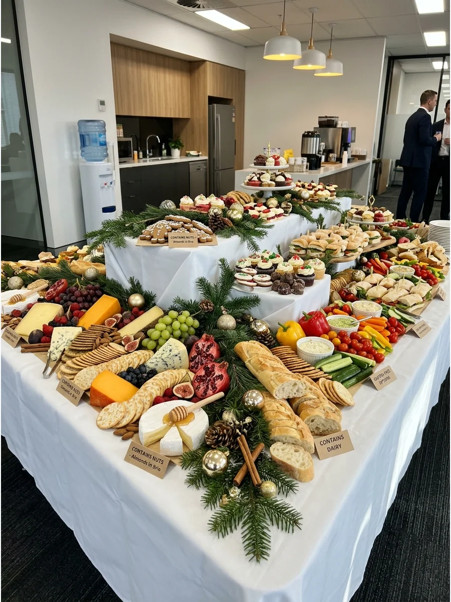 A festive grazing table in an office breakroom filled with meats, cheeses, and holiday greenery.