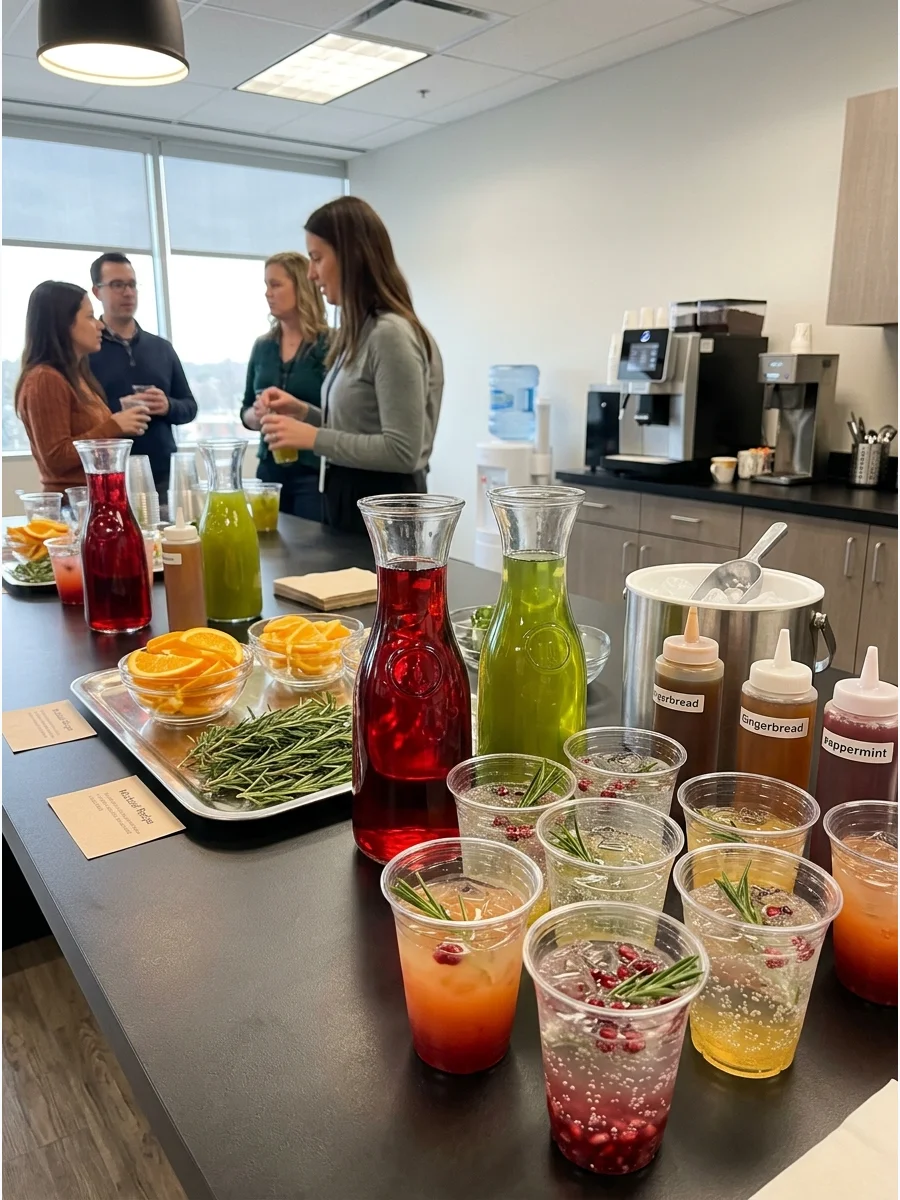 A colorful mocktail station in an office kitchen with juices and fresh garnishes.