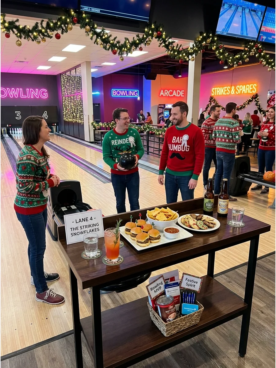 A group of coworkers bowling together at a festive bowling alley.