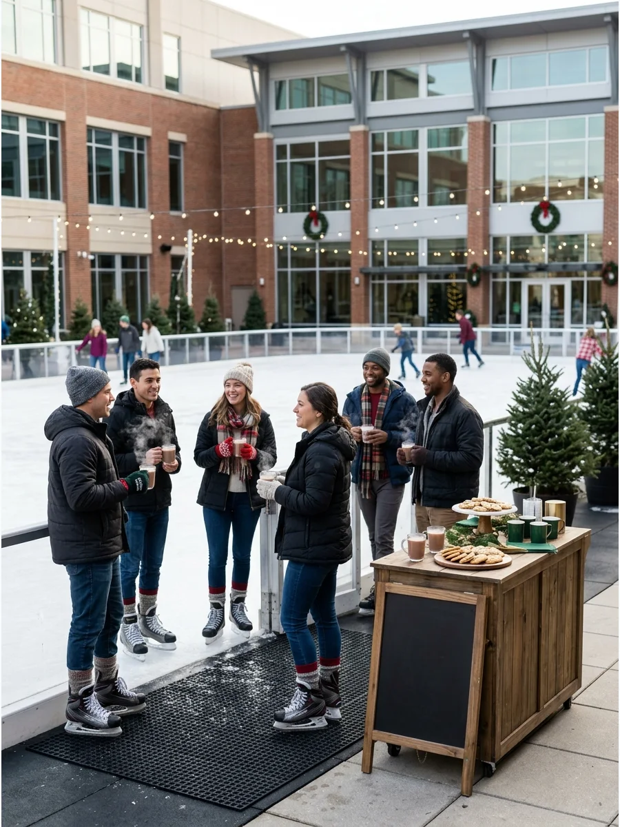 Coworkers ice skating at a city rink during a holiday work outing.