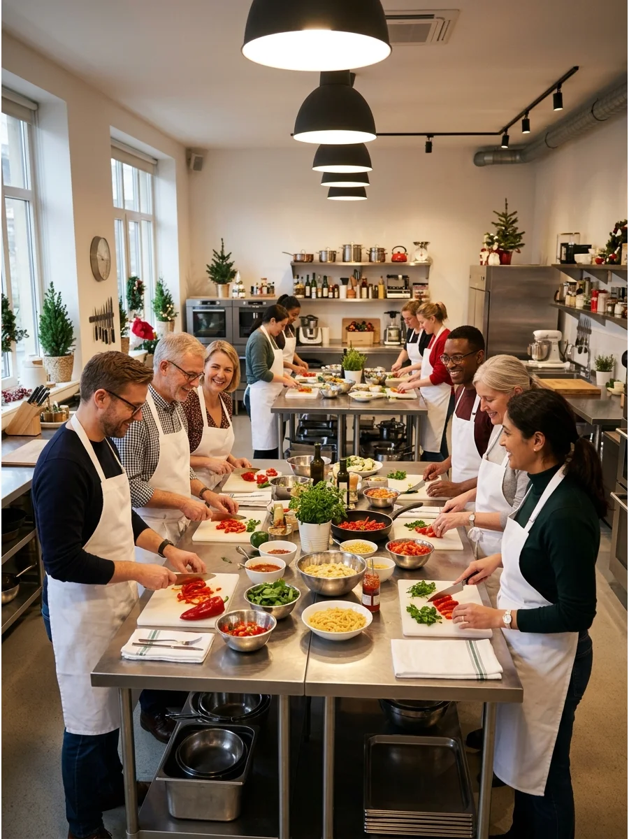 A group of coworkers cooking a festive meal together in a professional kitchen.