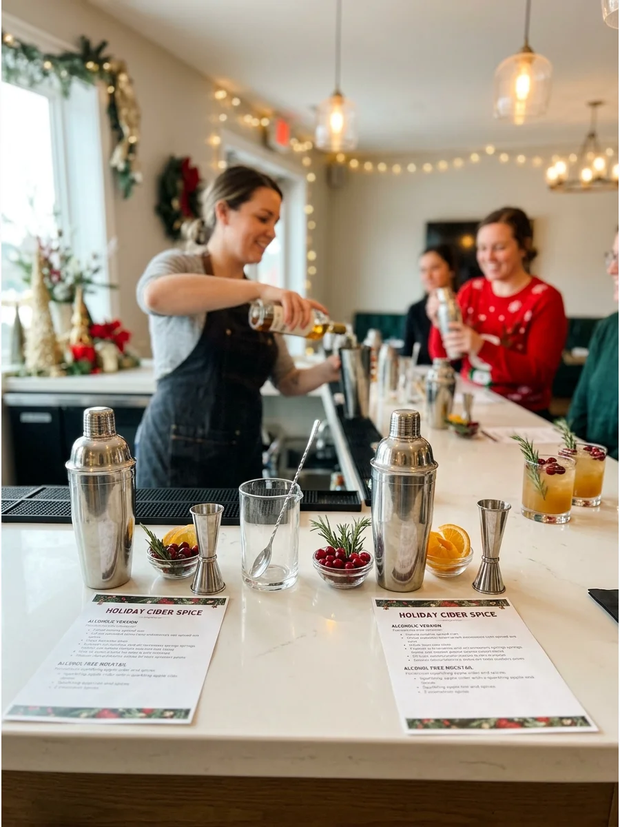 A mixologist teaching a holiday drink class in a private dining room.