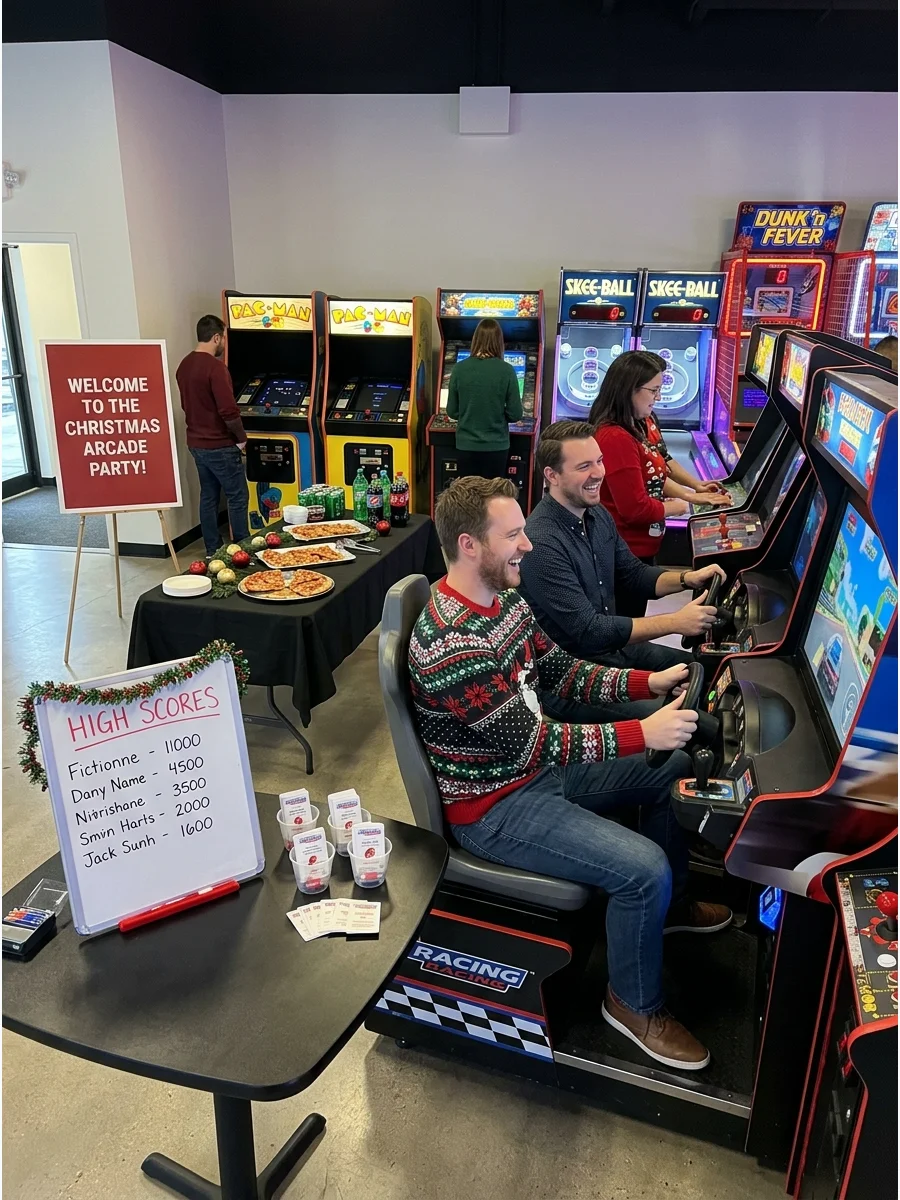 Coworkers playing video games at a modern arcade during a holiday party.