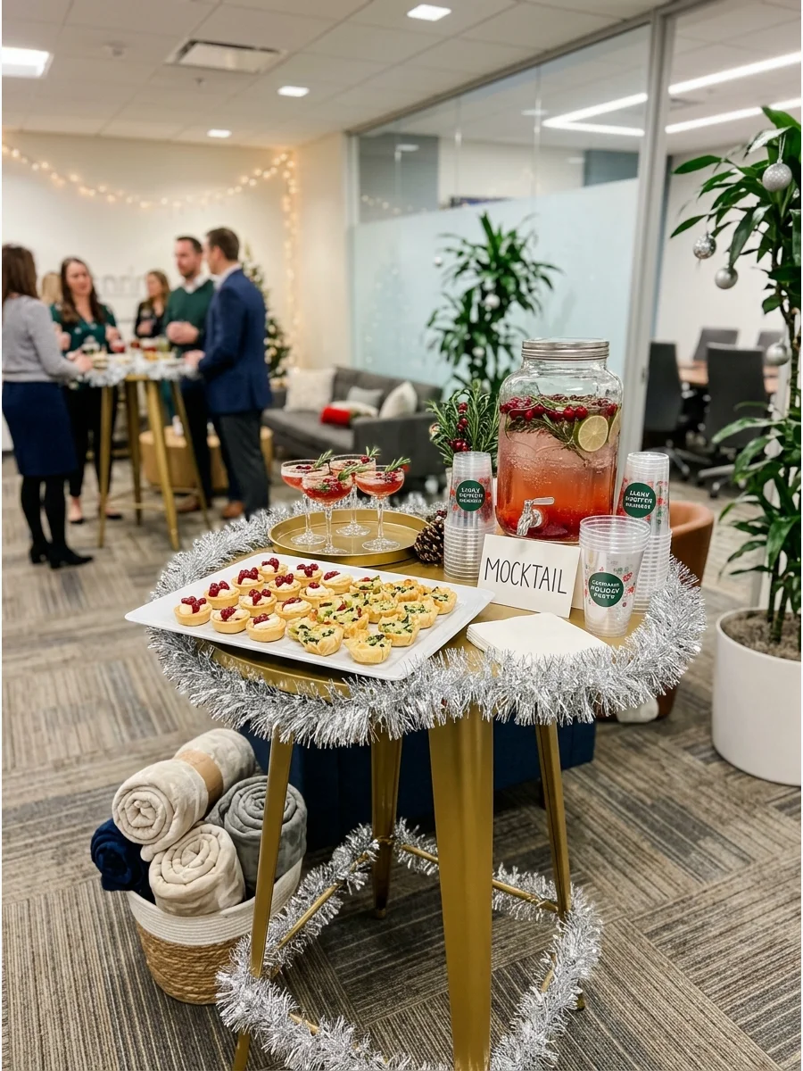 A professional lobby area set up with gold cocktail tables and silver decorations.