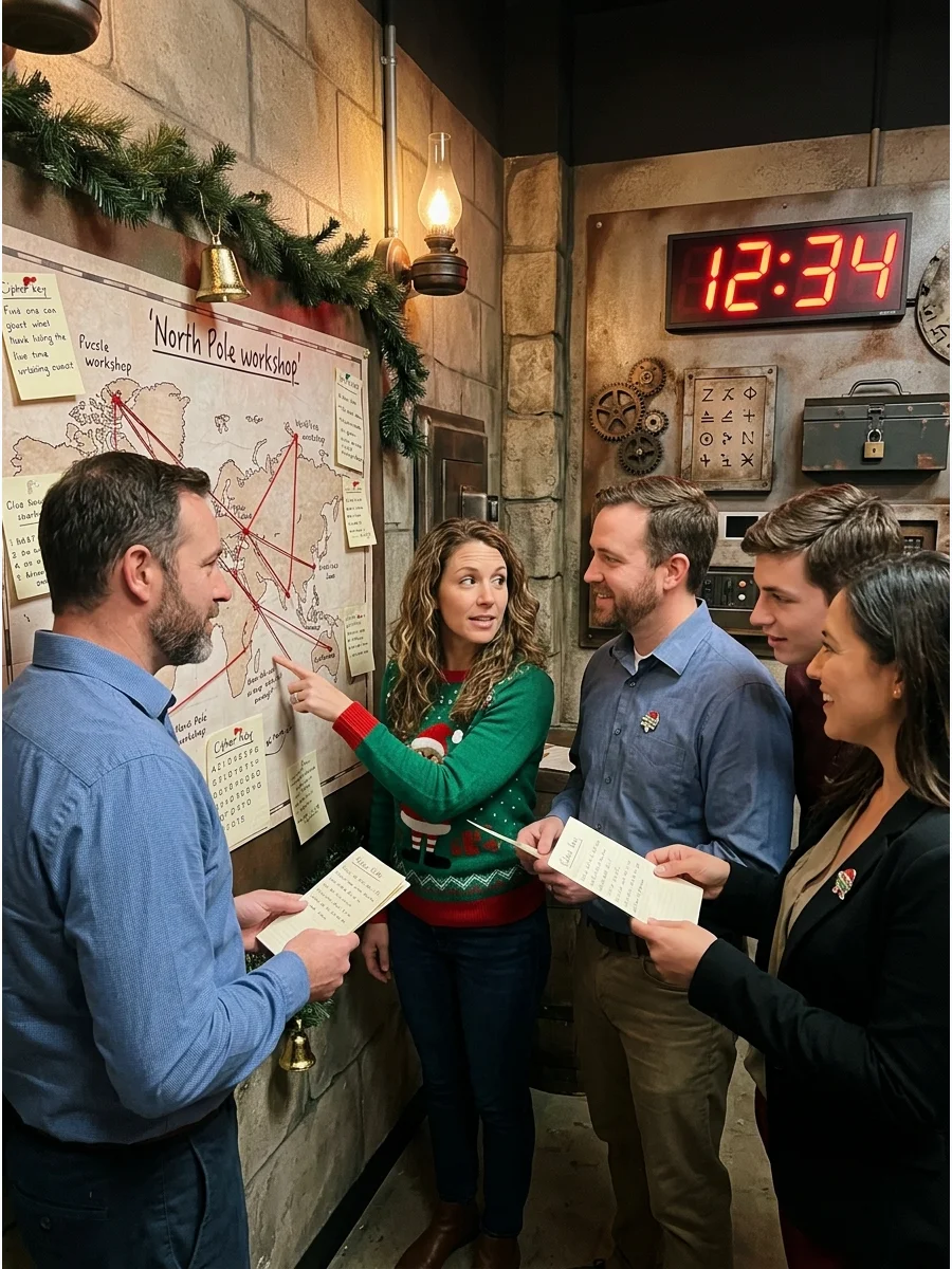 A team of coworkers working together to solve a puzzle in an escape room.