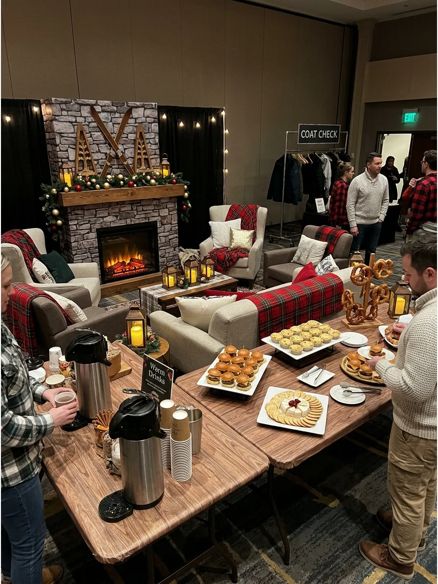 A cozy lodge-themed party space with plaid decor and a faux fireplace.