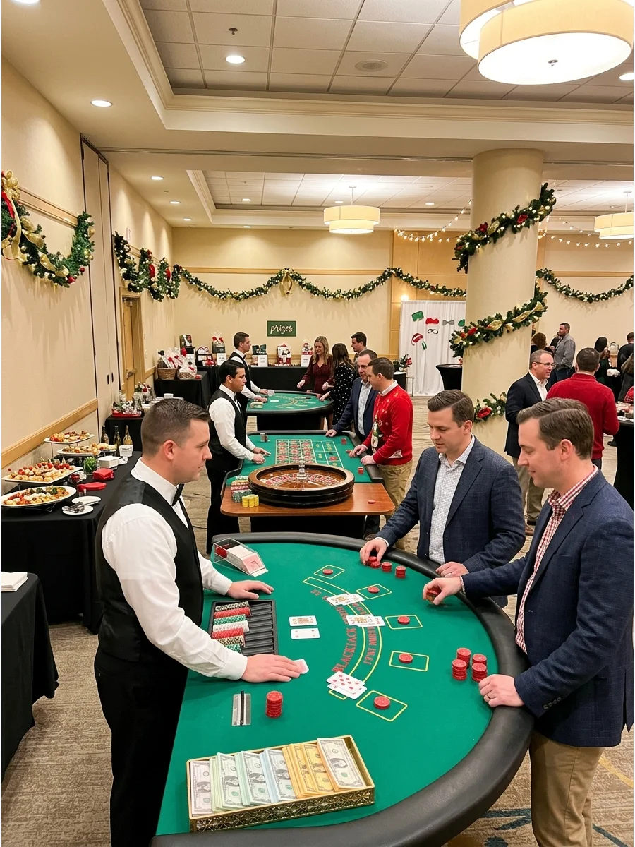 A ballroom set up with casino games and festive red and gold decorations.