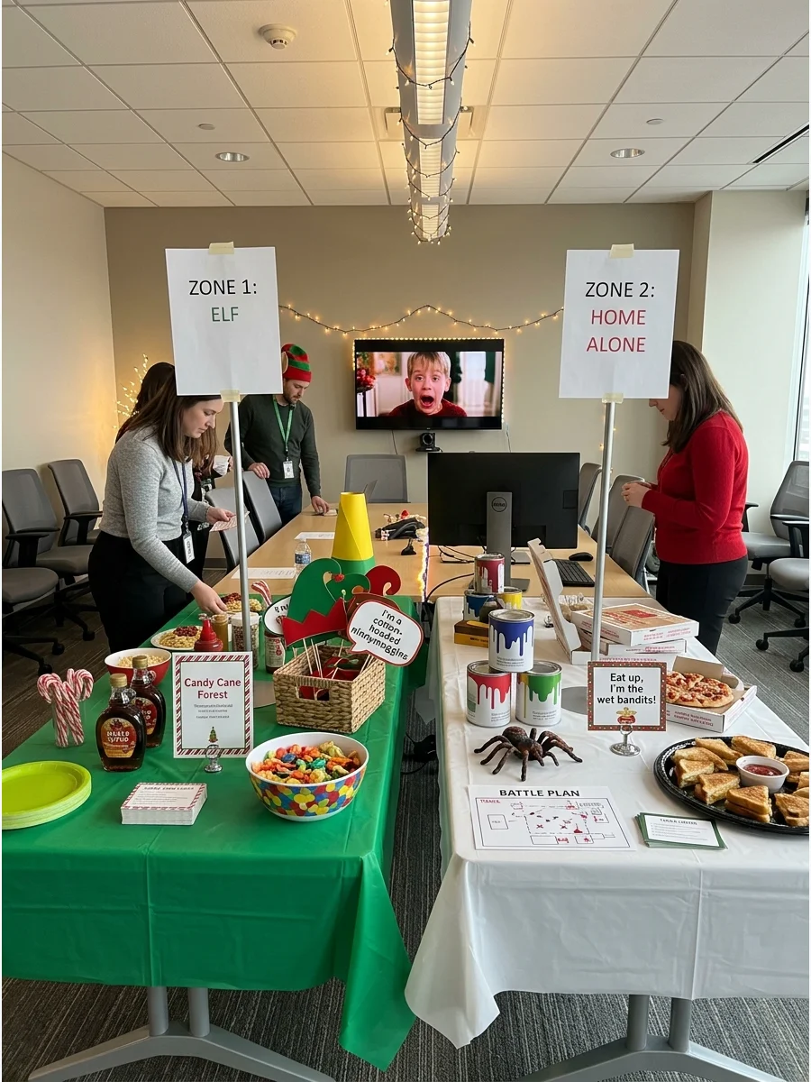 An office party room divided into sections based on different holiday movies.